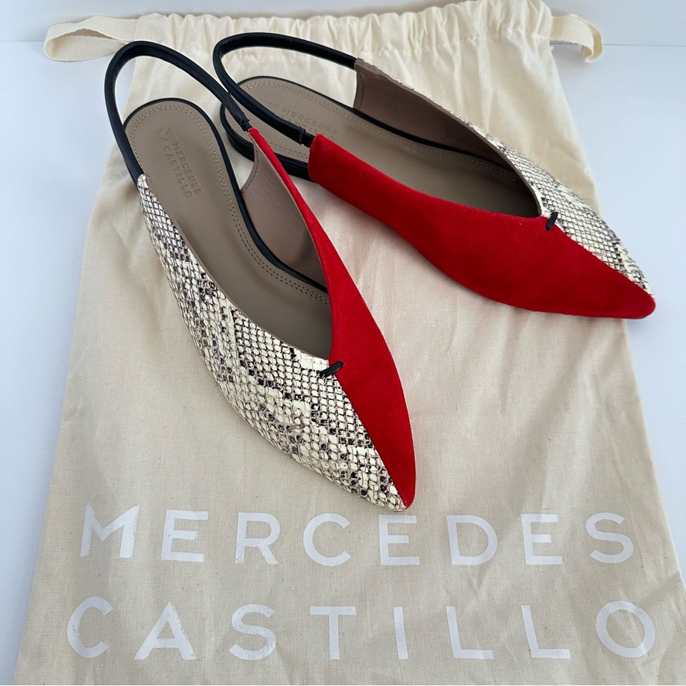 Mercedes Castillo Evetta Slingback Flats in Red + Snake Print | 8M EUR 38 | NWOT
